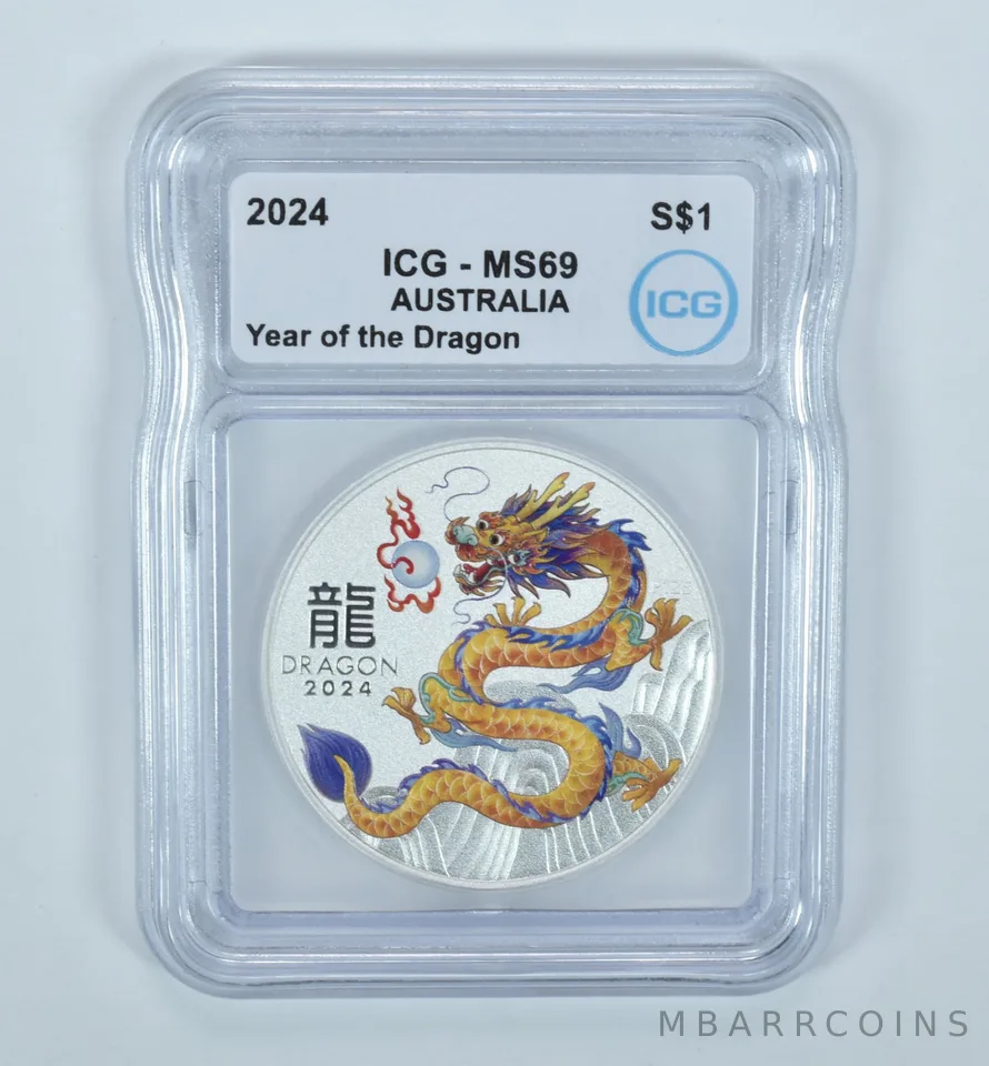 2024 Australia Silver Dollar Year Of The Dragon Yellow Colorized MS69 ICG