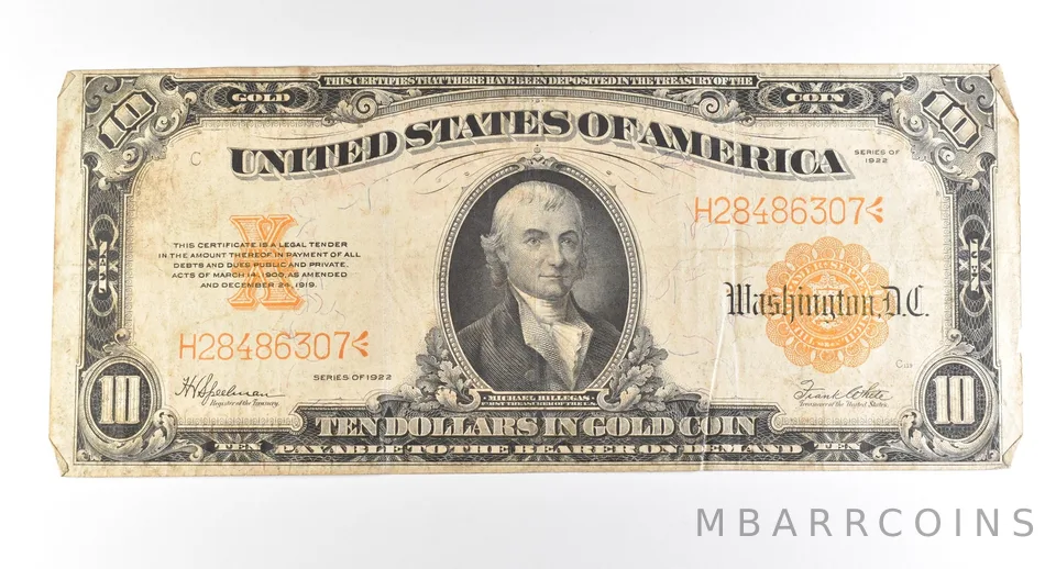 1922 $10 Gold Certificate Large Note Yellow Seal *2784
