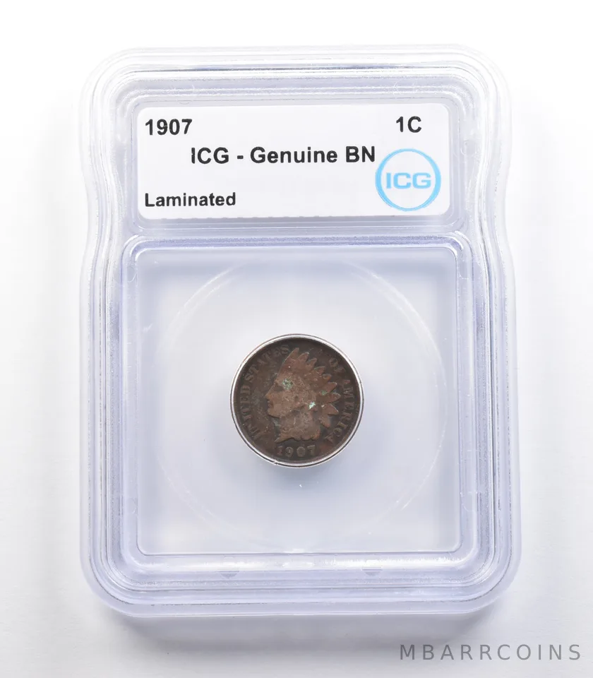 1907 Indian Head Cent Mint Error Laminated Genuine BN ICG *2288