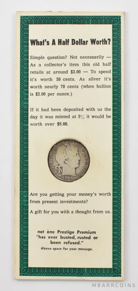 1908-D Barber Half Dollar Prestige Premium Message Card Advertisement *7562