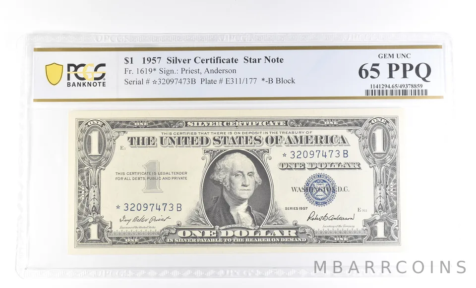 $1 1957 Silver Certificate Star Note Fr#1619* Gem Unc 65 PPQ PCGS *4016