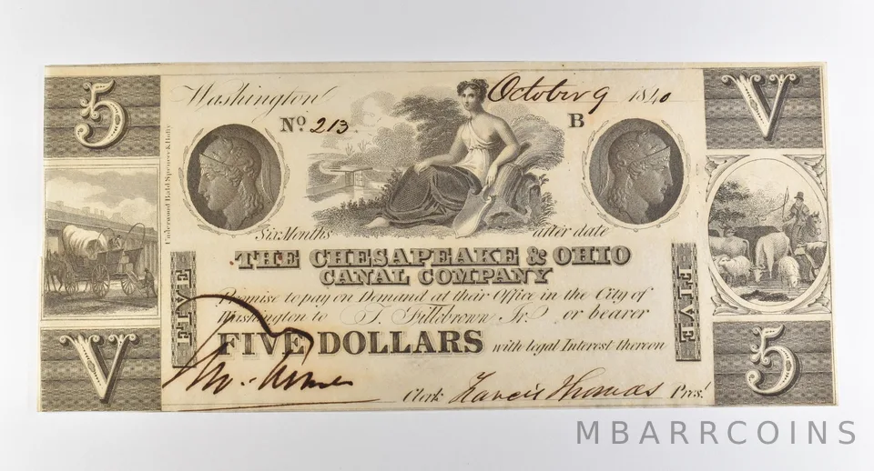 1840 $5 Washington OH Chesapeake & Ohio Canal Company Obsolete Note *3790
