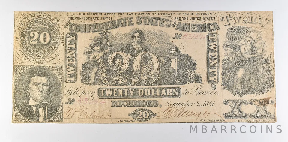 1861 $20 Confederate States Of America T-20 Large Note *8463