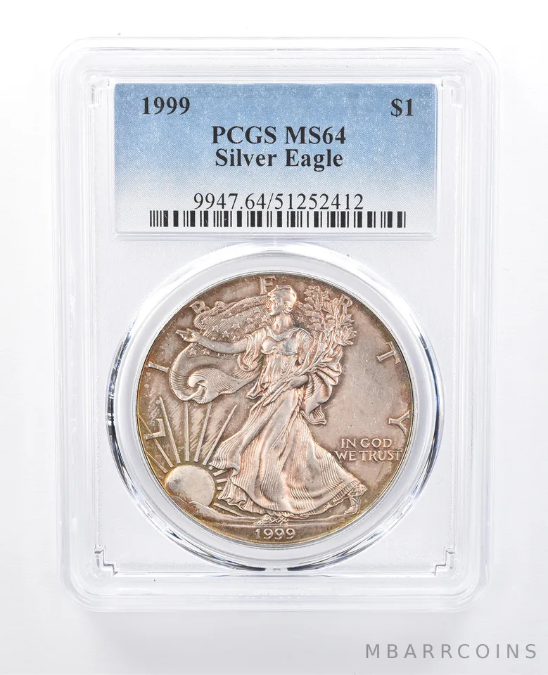 1999 American Silver Eagle MS64 PCGS Yellow Tone *8142