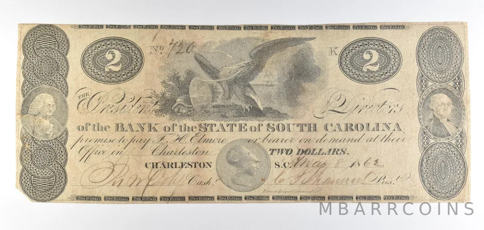 1862 $2 Charleston SC Bank Of The State Obsolete Note *8779