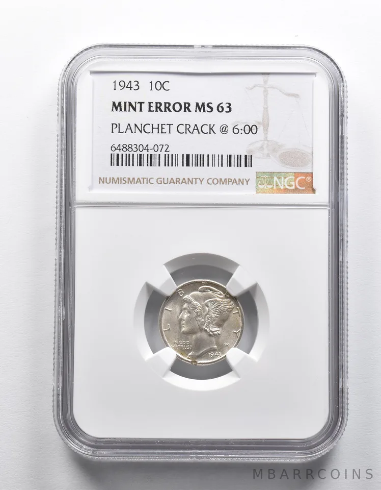 Mint Error MS63 1943 Mercury Dime Planchet Crack @6:00 NGC *1892