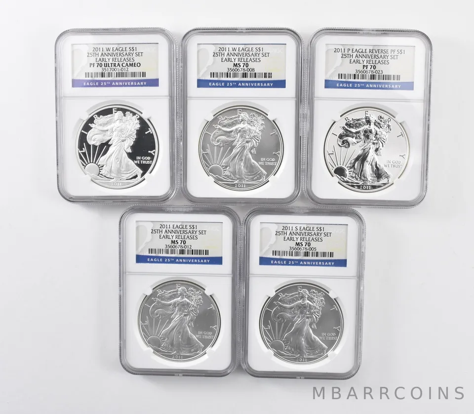 (5) 2011/P/S/W Silver Eagle 25th Anniv ER MS70/Reverse PF70/PF70 UCAM NGC *5288