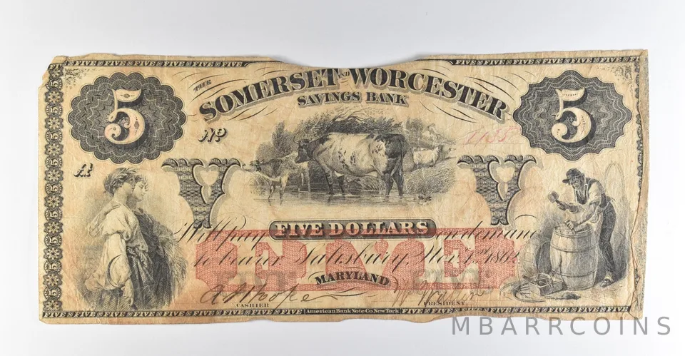 1862 $5 Salisbury MD Somerset & Worcester Savings Bank Obsolete Note *8484