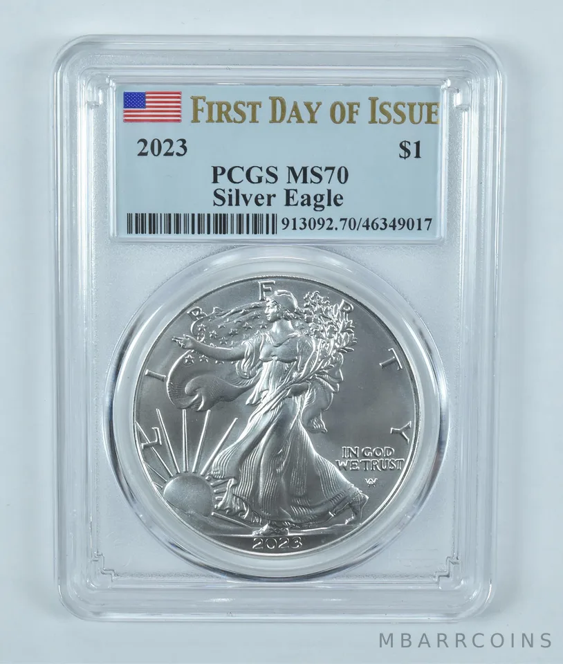2023 American Silver Eagle FDOI MS70 PCGS Flag Label