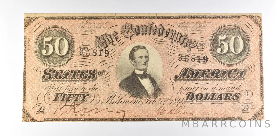 1864 $50 Confederate States Of America T-66 Large Note *8526