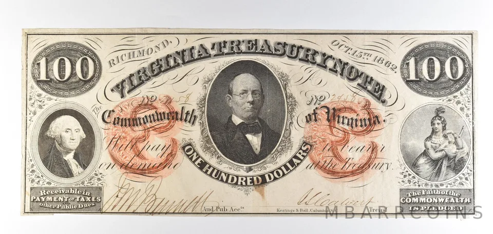 1862 $100 Richmond VA Treasury Note Obsolete Note *8760