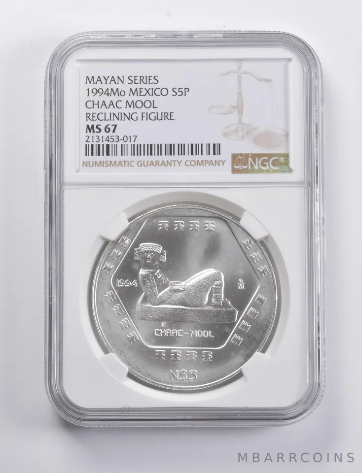 MS67 1994 Mo Mexico 5 Pesos Silver Chaac Mool Reclining Mayan Series NGC *4827