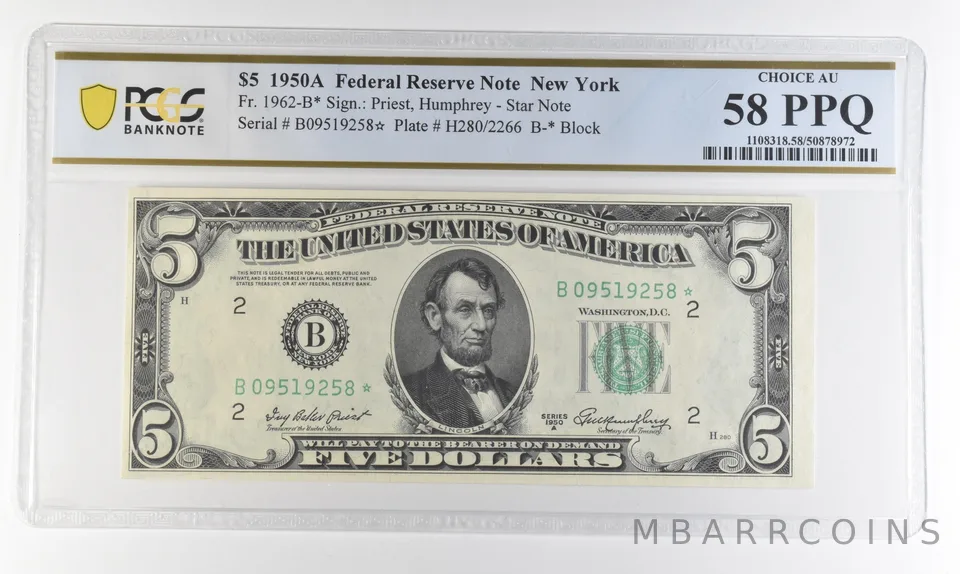 1950 A $5 New York NY FRN Fr#1962-B* Star Note Choice AU 58 PPQ PCGS *4365