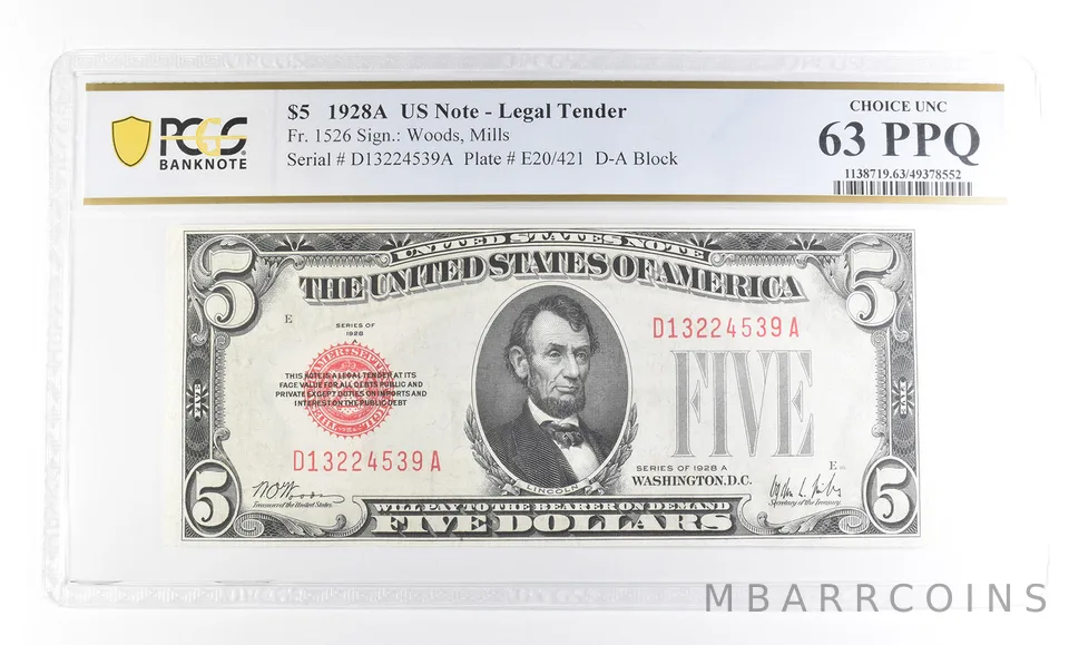 1928 A $5 US Legal Tender Fr#1526 Choice Unc 63 PPQ PCGS a2413