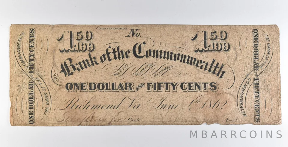 1862 $1.50 Richmond VA Bank Of The Commonwealth Obsolete Note *8920