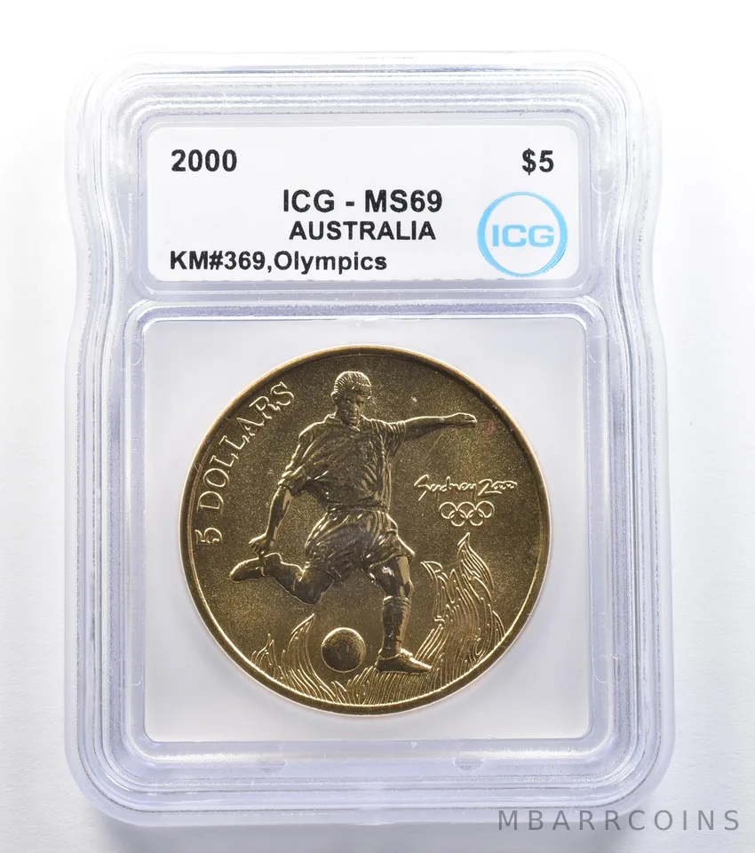 2000 Australia 5 Dollars Sydney Olympics Soccer KM#369 MS69 ICG *7888