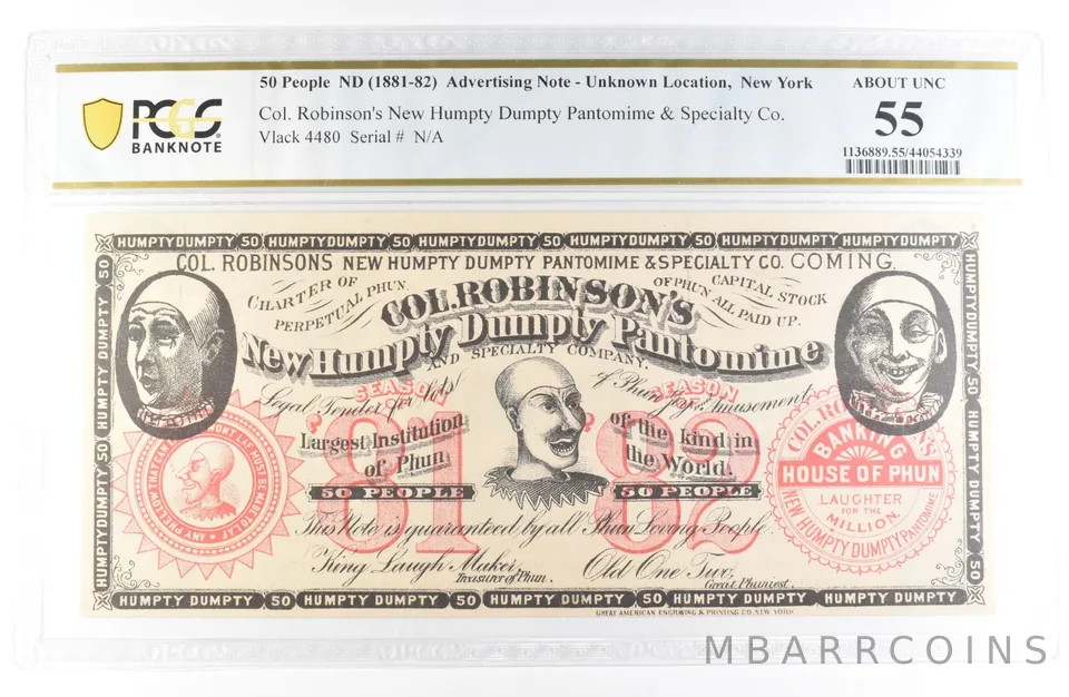 (1881-81) Advertising NY Robinson's Humpty Dumpty Pantomime AU 55 PCGS *9443