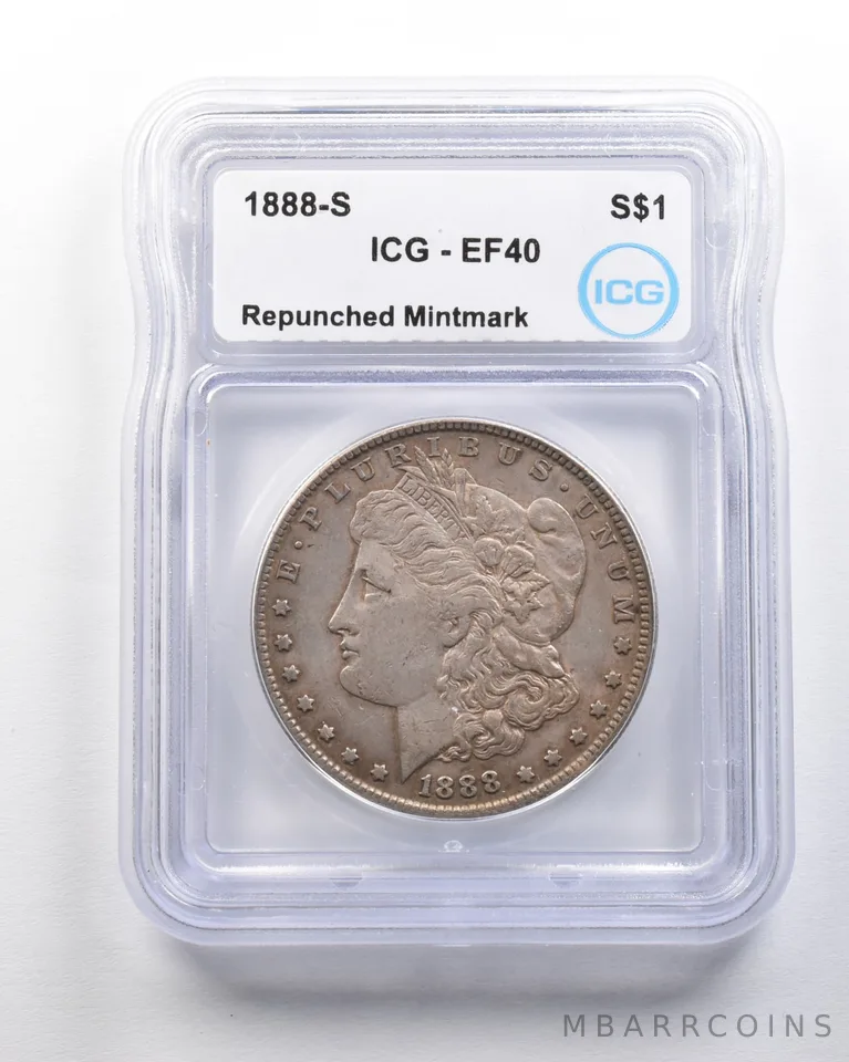 1888-S Morgan Silver Dollar Mint Error Repunched Mintmark EF40 ICG a1603