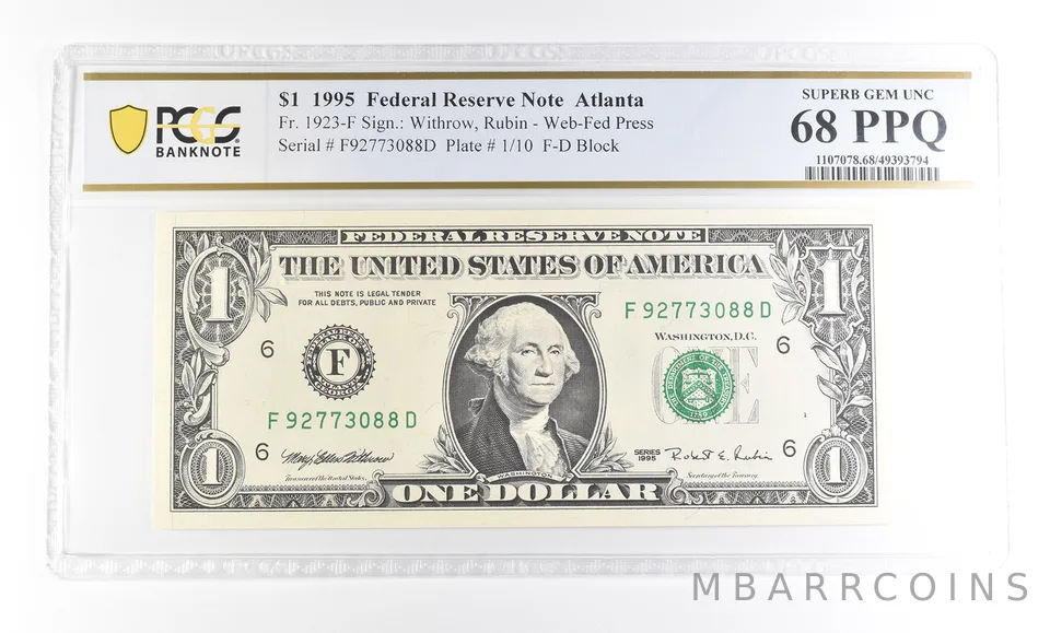 1995 $1 Atlanta GA FRN Fr#1923-F Superb Gem Unc 68 PPQ PCGS *2916