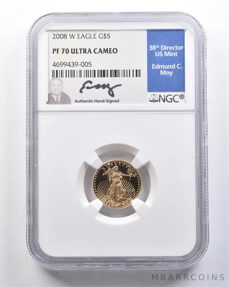 2008-W $5 American Gold Eagle Moy 1/10 Oz Gold PF70 UCAM NGC *2102
