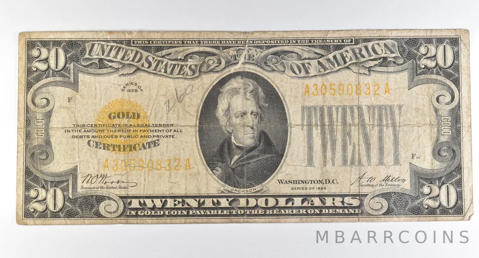 1928 $20 Gold Certificate Yellow Seal *8251