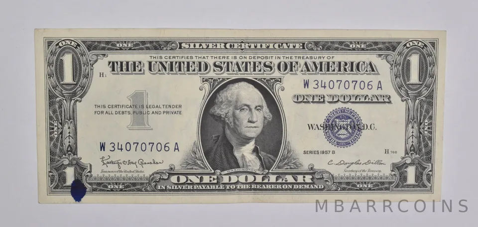 1957-B $1 United States Silver Certificate Blue Seal Ink Smear a5448