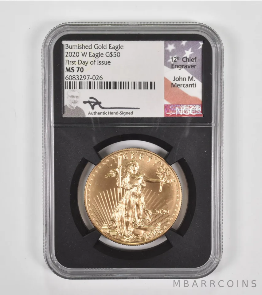 MS70 2020-W $50 American Burnished 1 Oz .999 Gold Eagle FDOI Mercanti NGC a1419