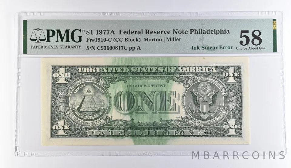 1977 A $1 Philadelphia PA FRN Ink Smear Error Fr#1910-C Choice AU 58 PMG *9484
