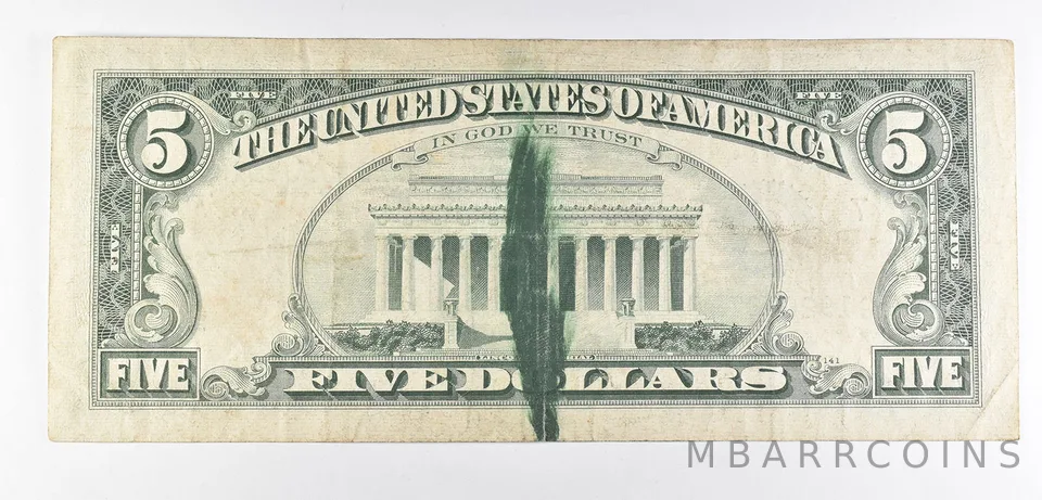 1969 $5 Chicago, IL Federal Reserve Note Green Seal Error Ink Smear *6016