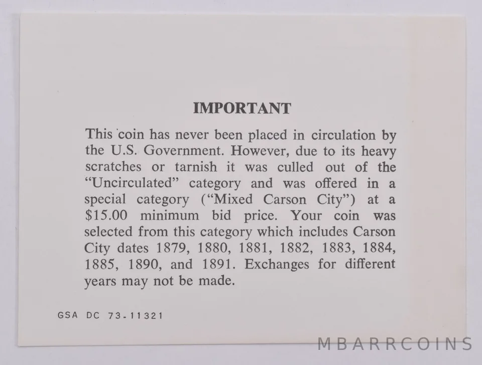 COA GSA Important Certificate for Mixed Unc Carson City Morgans 73.11321