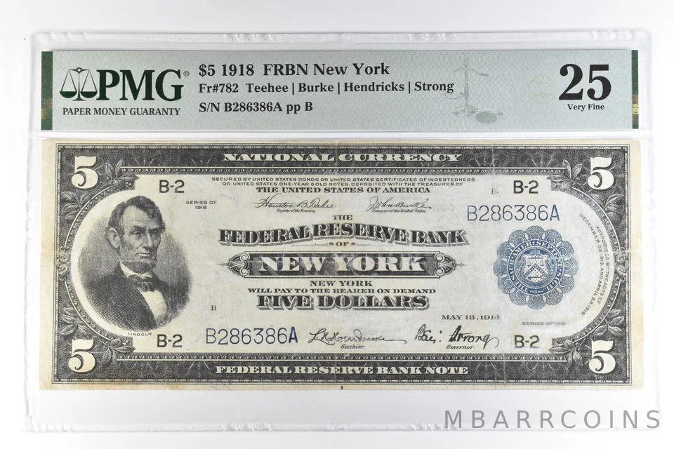 1918 $5 New York NY FRBN Fr#782 Large Note Blue Seal Very Fine 25 PMG *1718
