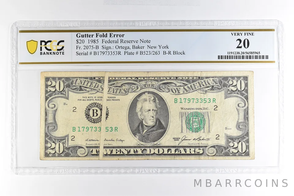 1985 $20 New York NY FRN Gutter Fold Error Fr#2075-B Very Fine 20 PCGS *4987