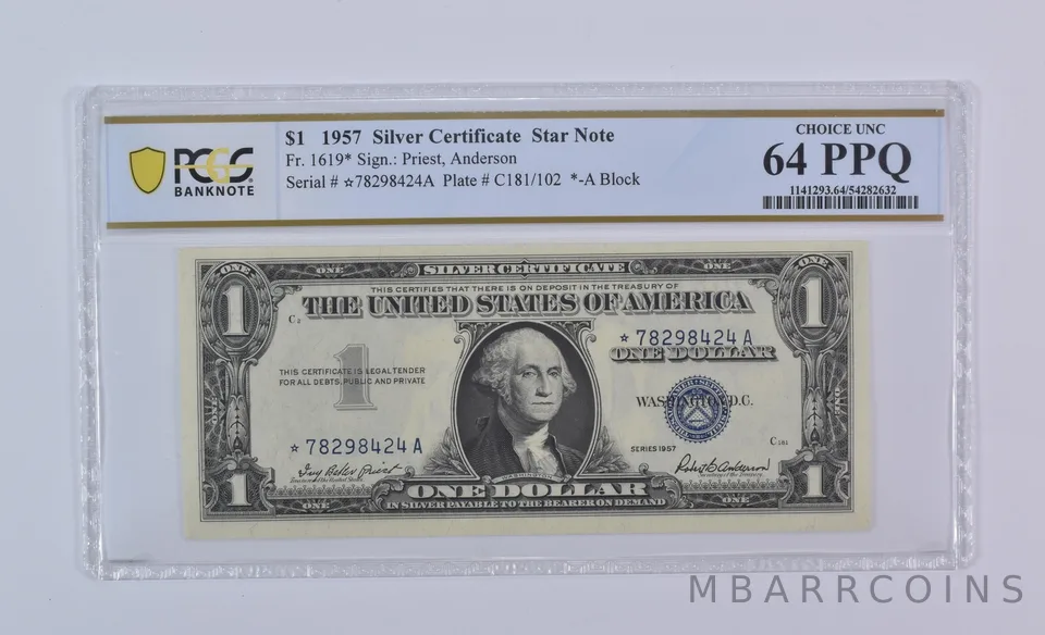 1957 $1 Silver Certificate Star Note Fr#1619* Choice Unc 64 PPQ PCGS *8081