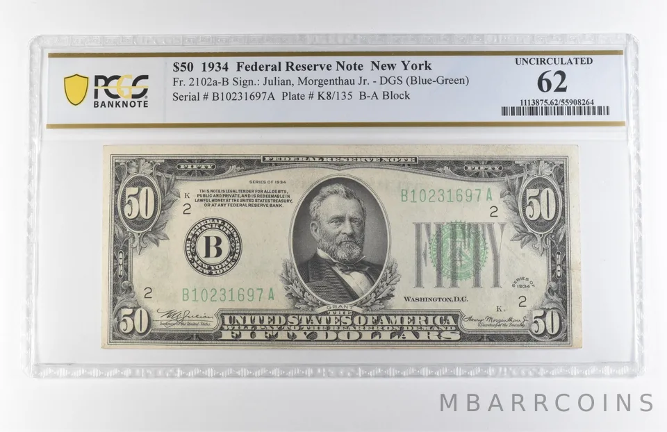 1934 $50 New York NY FRN Fr#2102a-B DGS (Blue-Green) Uncirculated 62 PCGS *7898