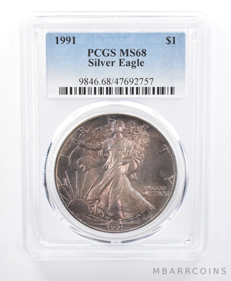 1991 American Silver Eagle MS68 PCGS Purple Tone *8646