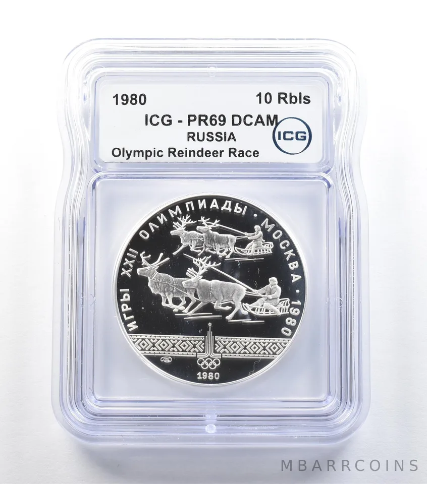 1980 USSR 10 Roubles Olympic Reindeer Race PR69 DCAM ICG *0507