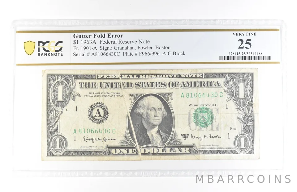 1963 A $1 Boston MA FRN Gutter Fold Error Fr#1901-A Very Fine 25 PCGS *5810