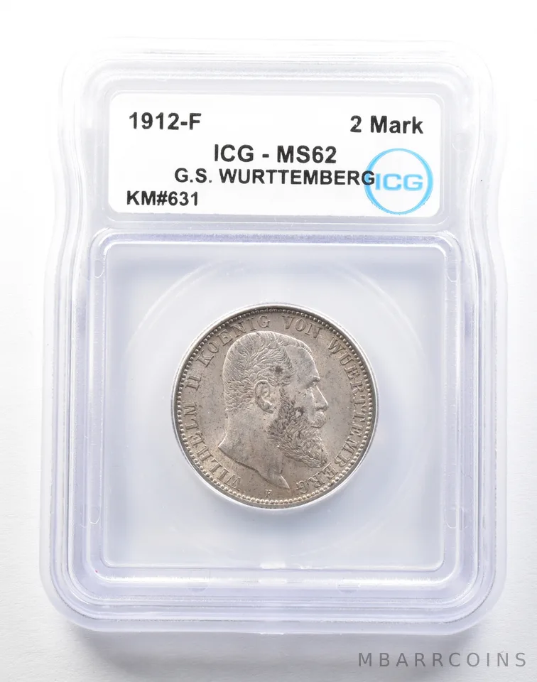 1912 F German States Wurttemberg 2 Mark KM#631 MS62 ICG *0516