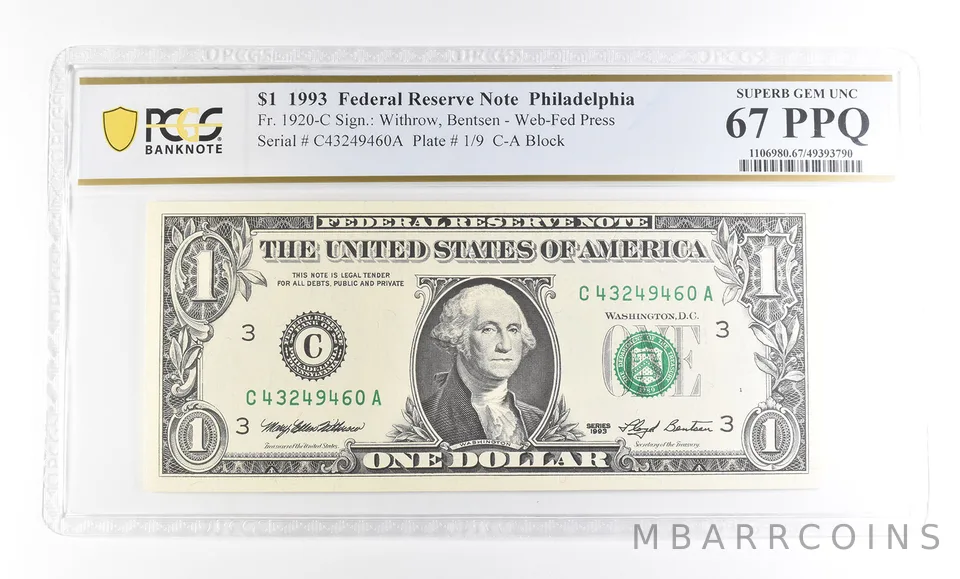 1993 $1 Philadelphia PA FRN Fr#1920-C Superb Gem Unc 67 PPQ PCGS *2912