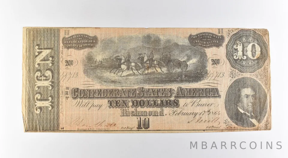 1864 $10 Confederate States Of America Large Note *3161