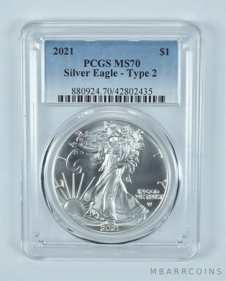 2021 American Silver Eagle Type 2 MS70 PCGS Blue Label