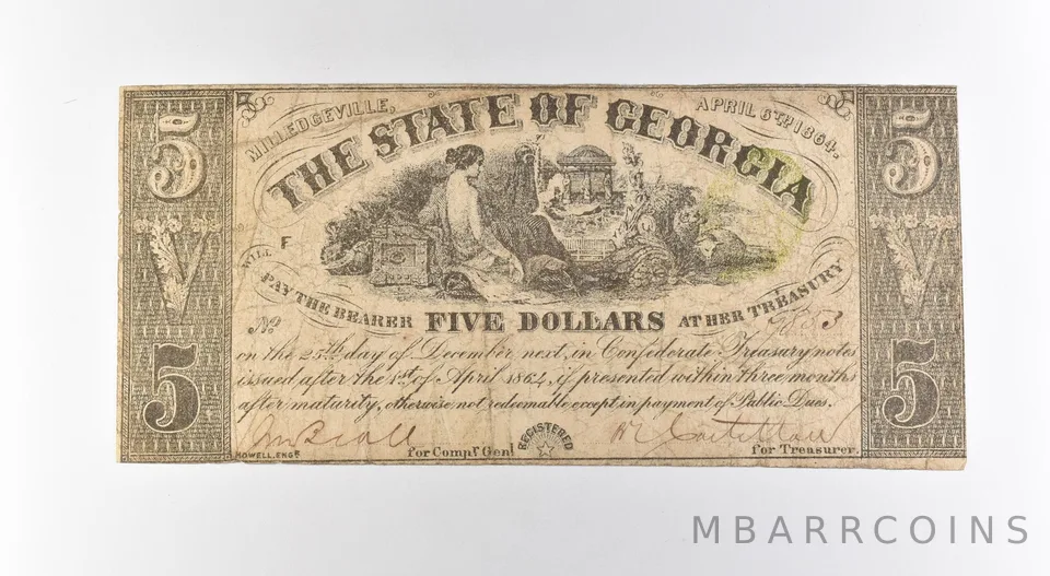 1864 $5 Milledgeville GA Obsolete Note *3175