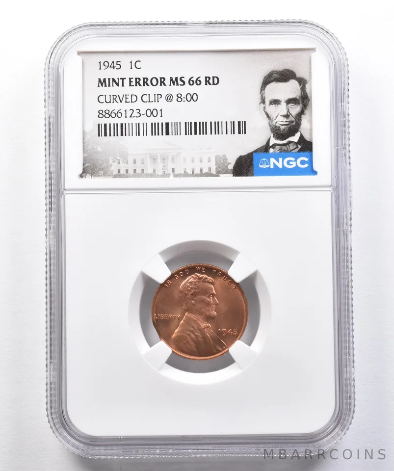 1945 Lincoln Wheat Cent Mint Error Curved Clip @ 8:00 MS66 RD NGC *1758