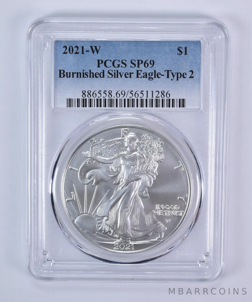 2021-W Burnished Silver Eagle Type 2 SP69 PCGS Blue Label