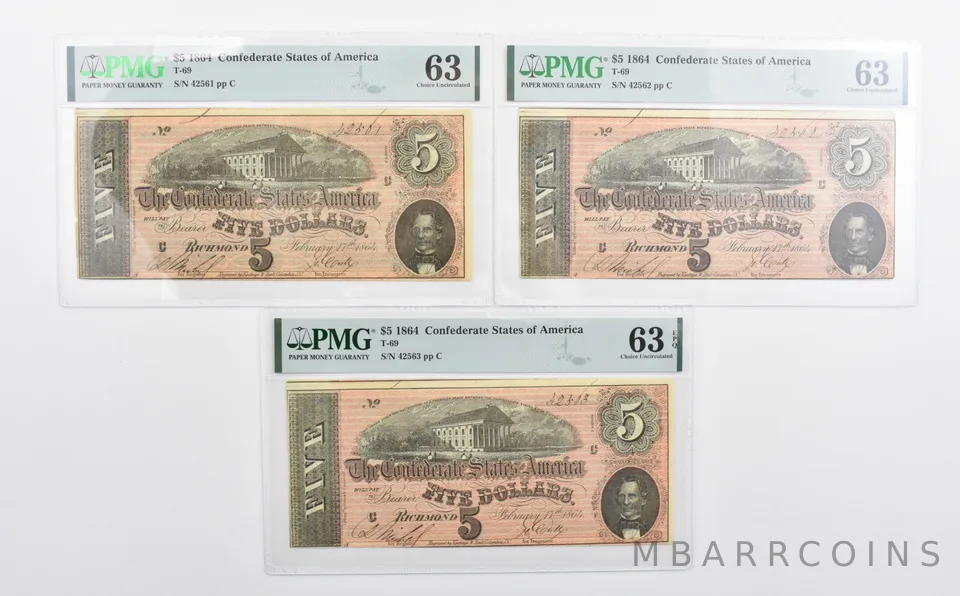 Lot (3) PMG 63 1864 $5 Confederate Consecutive Notes T69 *1142
