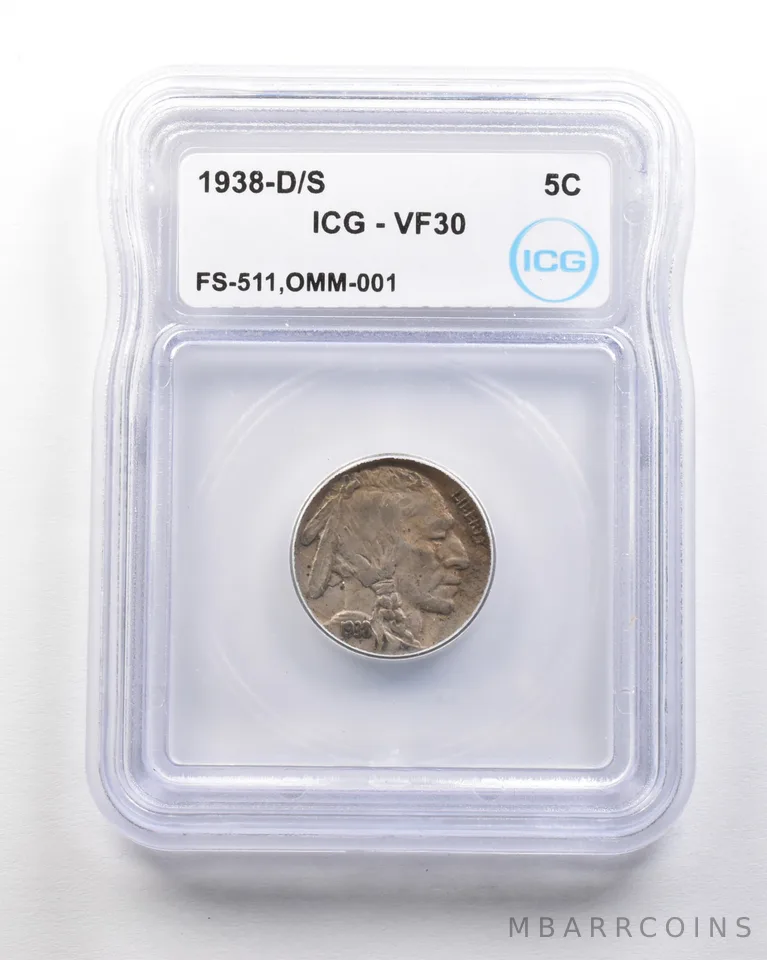 1938-D/S Indian Head Buffalo Nickel Mint Error FS-511 OMM-001 VF30 ICG *1654