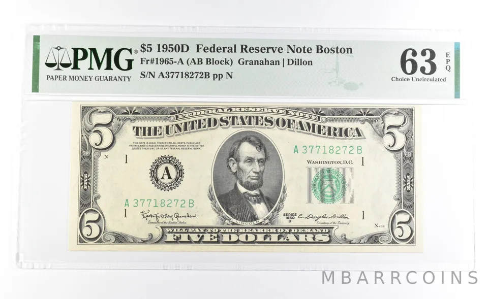 PMG 63 Choice Unc EPQ 1950 D $5 Boston, MA US FRN Green Seal Fr#1965-A *1019