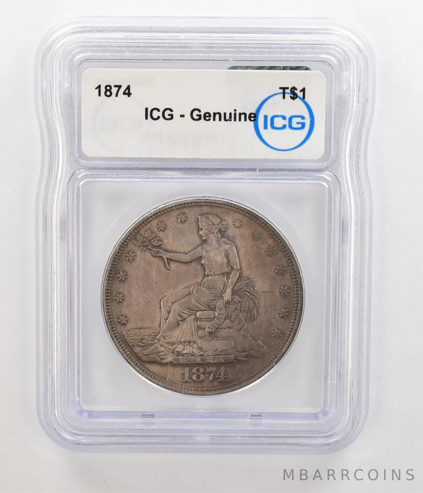 1874 Seated Liberty Trade Dollar Genuine ICG Nice Tone a5496