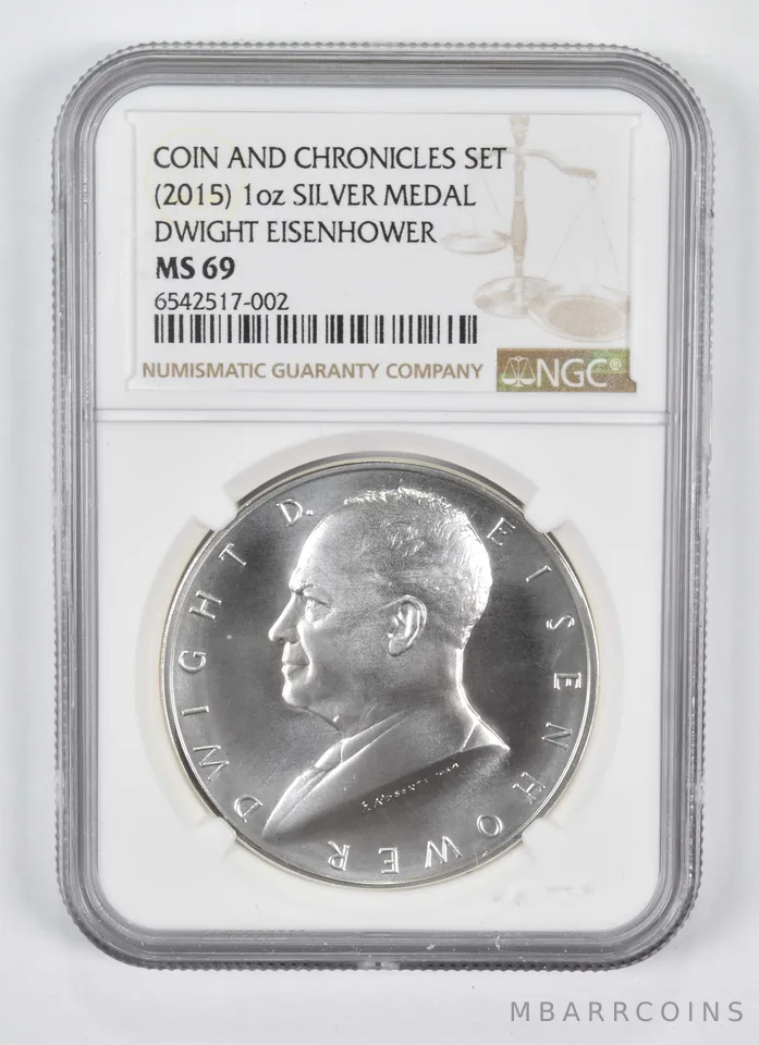 (2015) 1 oz Silver Medal Dwight Eisenhower Coin and Chronicles MS69 NGC