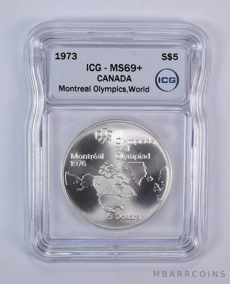 1973 Canada 5 Dollars Silver Montreal Olympics World Map MS69+ ICG